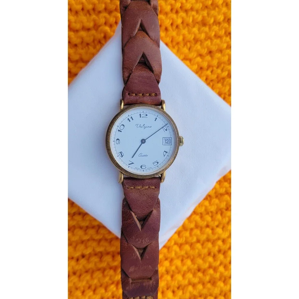 VTG Valgine Swiss Quartz Watch Gold Tone Brown Braid Leather Heritage Americana